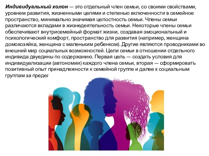 Индивидуальный холон — это отдельный член семьи, со своими свойствами, уровнем развития,