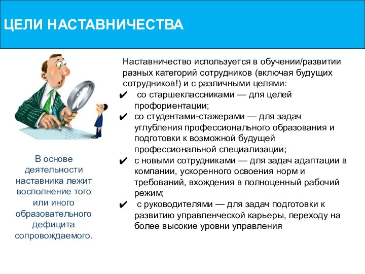 ЦЕЛИ НАСТАВНИЧЕСТВА Наставничество используется в обучении/развитии разных категорий сотрудников (включая будущих сотрудников!)