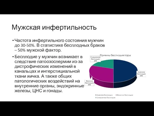 Мужская инфертильность Частота инфертильного состояния мужчин до 30-50%. В статистике бесплодных браков