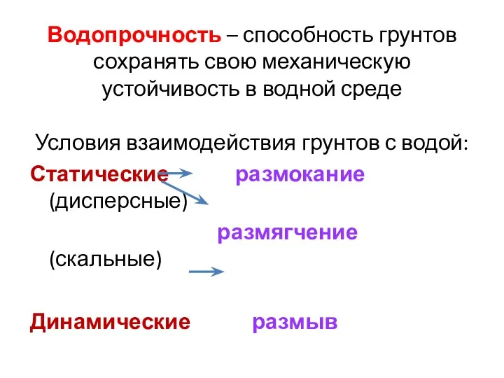 Водопрочность – способность грунтов сохранять свою механическую устойчивость в водной среде Условия