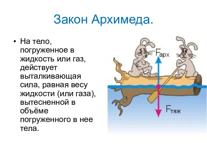 Закон Архимеда. На тело, погруженное в жидкость или газ, действует выталкивающая сила,