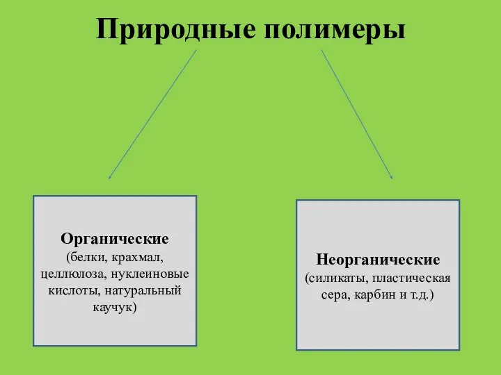 Природные полимеры Органические (белки, крахмал, целлюлоза, нуклеиновые кислоты, натуральный каучук) Неорганические (силикаты,