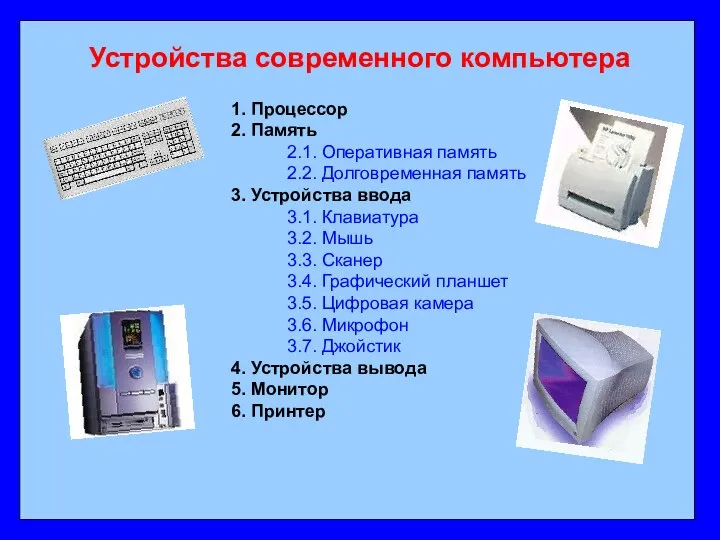 Устройства современного компьютера 1. Процессор 2. Память 2.1. Оперативная память 2.2. Долговременная