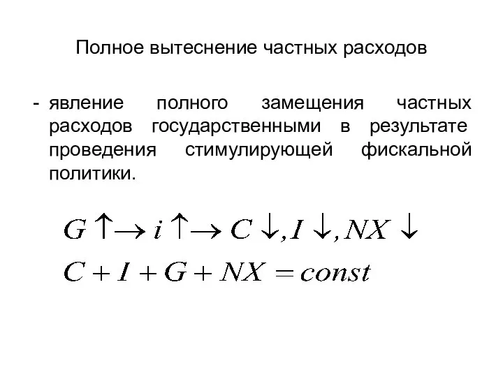 Полное вытеснение частных расходов явление полного замещения частных расходов государственными в результате проведения стимулирующей фискальной политики.