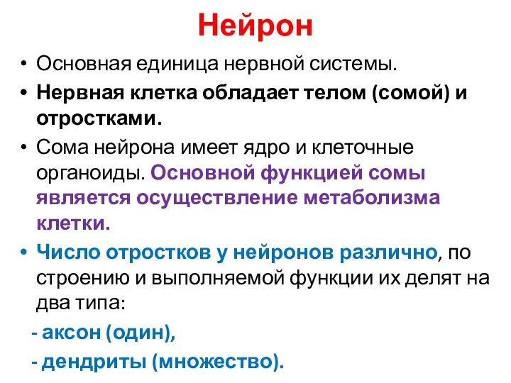 Нейрон Основная единица нервной системы. Нервная клетка обладает телом (сомой) и отростками.