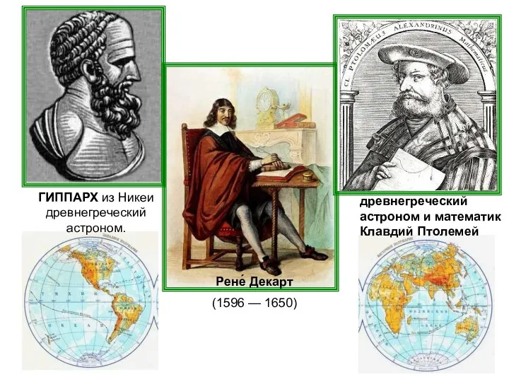 ГИППАРХ из Никеи древнегреческий астроном. Рене́ Дека́рт (1596 — 1650) древнегреческий астроном и математик Клавдий Птолемей