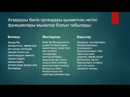 Атқарушы билік органдары қызметінің негізгі функциялары мыналар болып табылады: Болжау Қолда бір