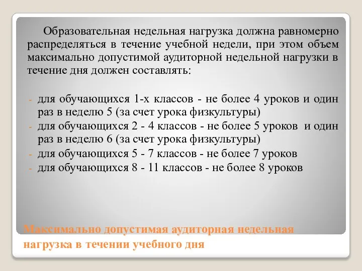 Максимально допустимая аудиторная недельная нагрузка в течении учебного дня Образовательная недельная нагрузка