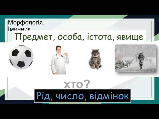 Морфологія. Іменник Предмет, особа, істота, явище хто? що? Рід, число, відмінок