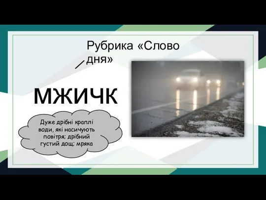 Рубрика «Слово дня» мжичка Дуже дрібні краплі води, які насичують повітря; дрібний густий дощ; мряка