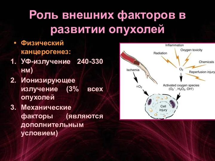 Роль внешних факторов в развитии опухолей Физический канцерогенез: УФ-излучение 240-330 нм) Ионизирующее