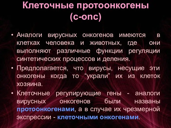 Клеточные протоонкогены (c-onc) Аналоги вирусных онкогенов имеются в клетках человека и животных,