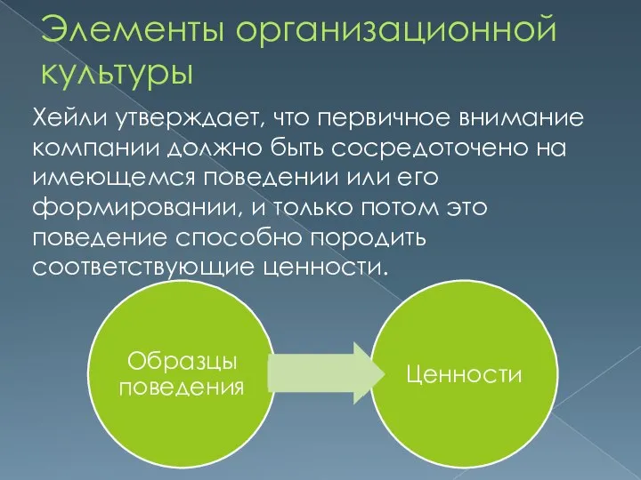 Элементы организационной культуры Хейли утверждает, что первичное внимание компании должно быть сосредоточено