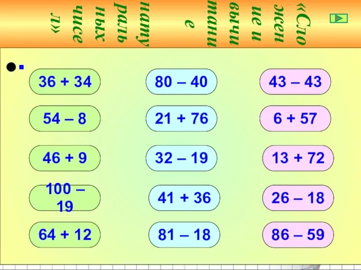 «Сложение и вычитание натуральных чисел» ∙ 36 + 34 54 – 8