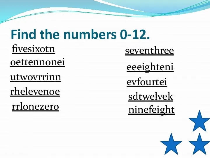 Find the numbers 0-12. fivesixotn oettennonei utwovrrinn rhelevenoe rrlonezero seventhree eeeighteni evfourtei ninefeight sdtwelvek