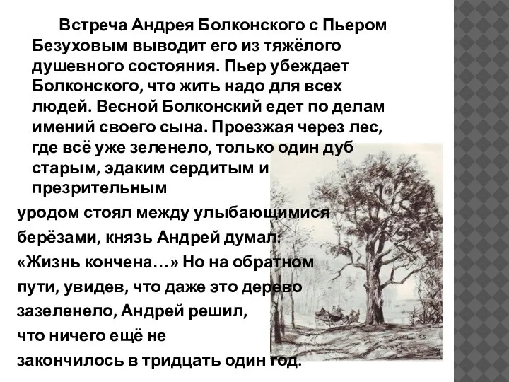 Встреча Андрея Болконского с Пьером Безуховым выводит его из тяжёлого душевного состояния.