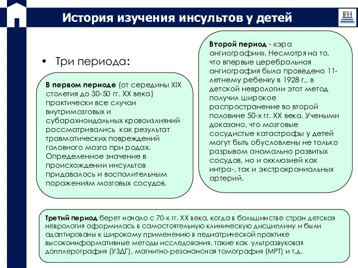 История изучения инсультов у детей Три периода: В первом периоде (от середины