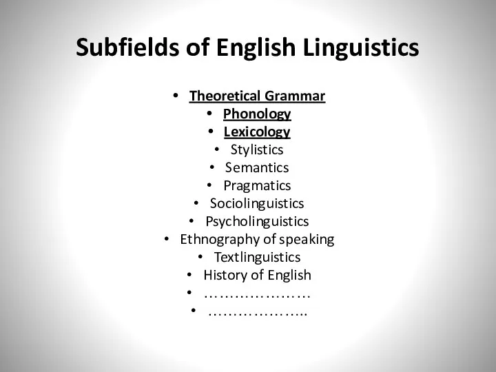 Subfields of English Linguistics Theoretical Grammar Phonology Lexicology Stylistics Semantics Pragmatics Sociolinguistics