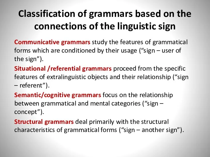 Classification of grammars based on the connections of the linguistic sign Communicative