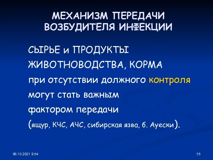 06.10.2021 9:54 МЕХАНИЗМ ПЕРЕДАЧИ ВОЗБУДИТЕЛЯ ИНФЕКЦИИ СЫРЬЕ и ПРОДУКТЫ ЖИВОТНОВОДСТВА, КОРМА при