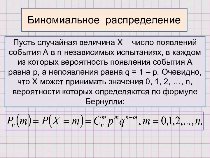 Биномиальное распределение Пусть случайная величина Х – число появлений события А в