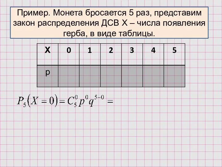 Пример. Монета бросается 5 раз, представим закон распределения ДСВ Х – числа