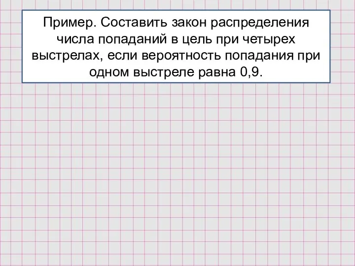 Пример. Составить закон распределения числа попаданий в цель при четырех выстрелах, если