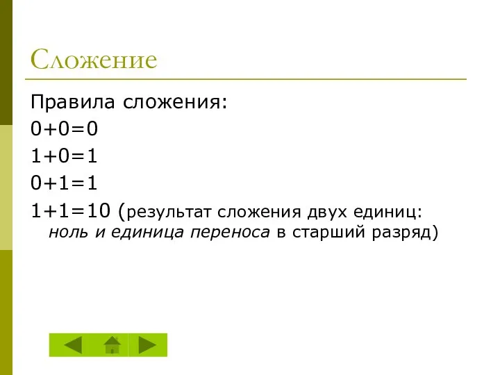 Сложение Правила сложения: 0+0=0 1+0=1 0+1=1 1+1=10 (результат сложения двух единиц: ноль