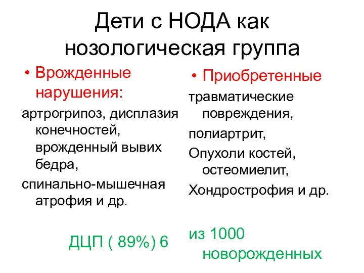 Дети с НОДА как нозологическая группа Врожденные нарушения: артрогрипоз, дисплазия конечностей, врожденный