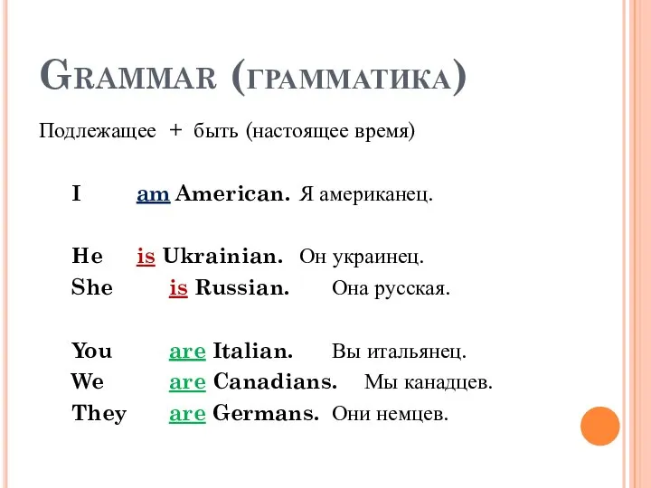 Grammar (грамматика) Подлежащее + быть (настоящее время) I am American. Я американец.