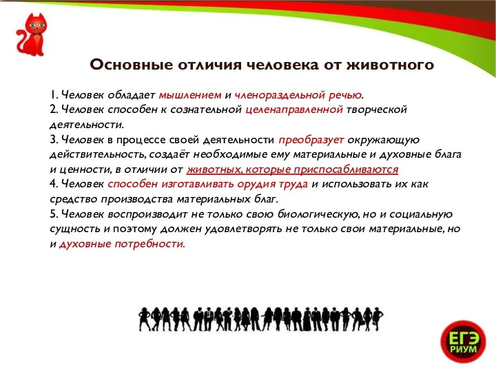 Основные отличия человека от животного 1. Человек обладает мышлением и членораздельной речью.