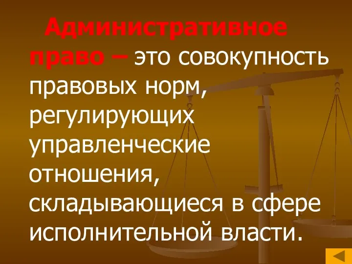 Административное право – это совокупность правовых норм, регулирующих управленческие отношения, складывающиеся в сфере исполнительной власти.