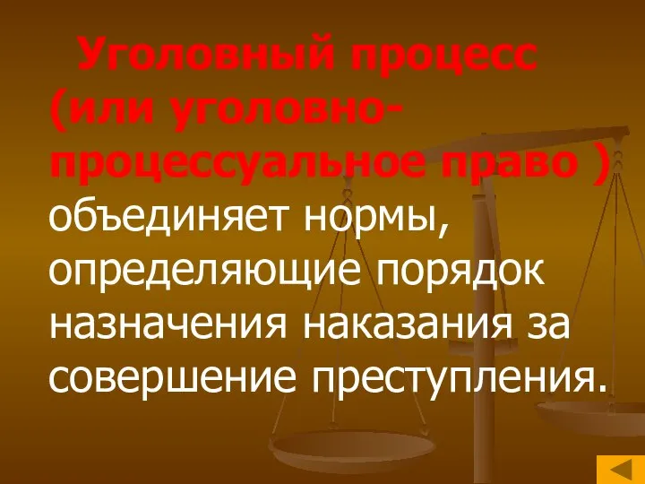 Уголовный процесс (или уголовно-процессуальное право ) объединяет нормы, определяющие порядок назначения наказания за совершение преступления.