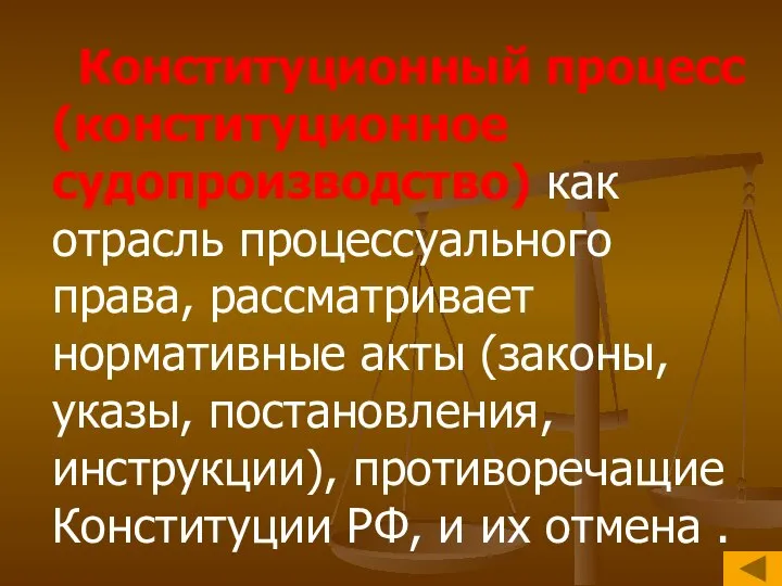 Конституционный процесс (конституционное судопроизводство) как отрасль процессуального права, рассматривает нормативные акты (законы,