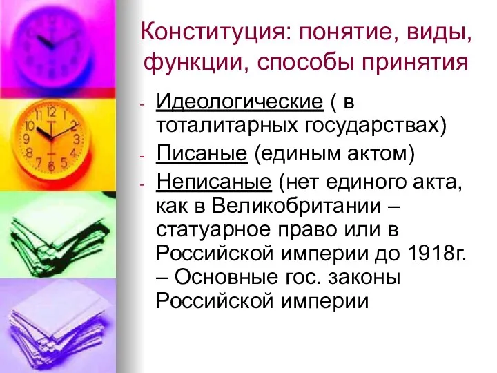 Конституция: понятие, виды, функции, способы принятия Идеологические ( в тоталитарных государствах) Писаные