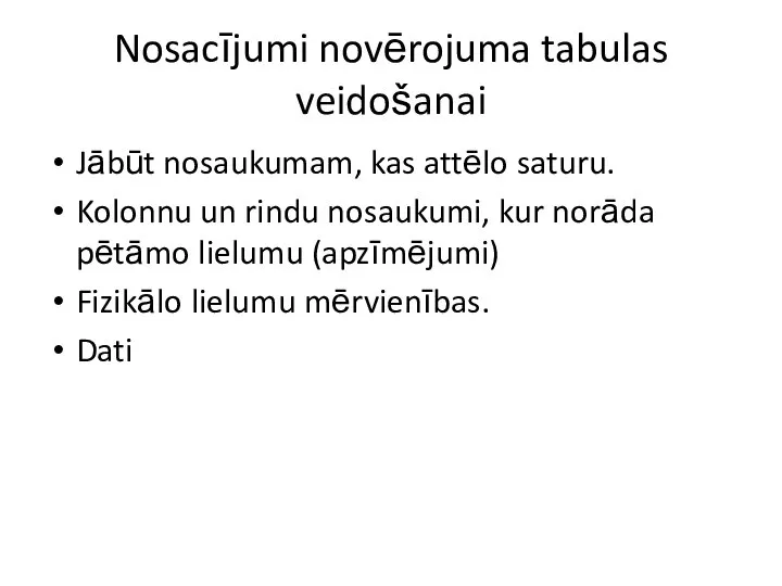 Nosacījumi novērojuma tabulas veidošanai Jābūt nosaukumam, kas attēlo saturu. Kolonnu un rindu