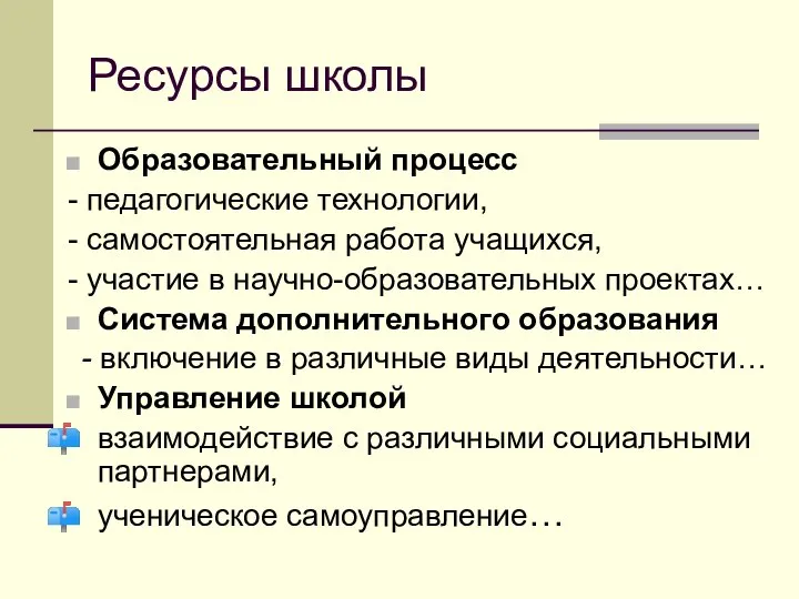 Ресурсы школы Образовательный процесс - педагогические технологии, - самостоятельная работа учащихся, -