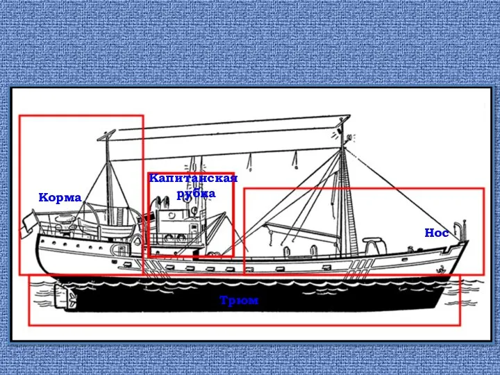 Капитанская рубка Нос Трюм Корма