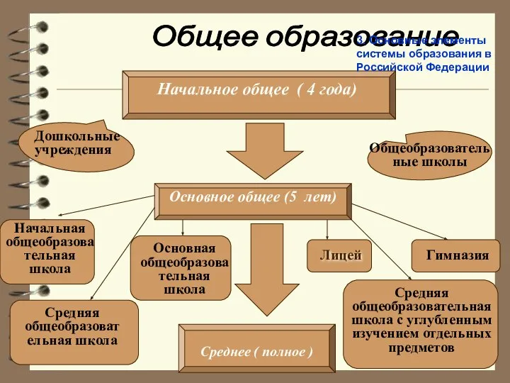 Общее образование Начальное общее ( 4 года) Дошкольные учреждения Общеобразовательные школы Основное