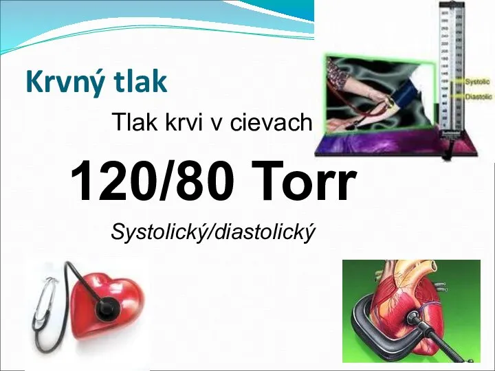 Krvný tlak Tlak krvi v cievach 120/80 Torr Systolický/diastolický