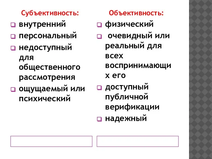 Субъективность: внутренний персональный недоступный для общественного рассмотрения ощущаемый или психический Объективность: физический