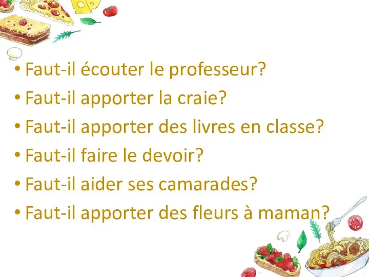 Faut-il écouter le professeur? Faut-il apporter la craie? Faut-il apporter des livres