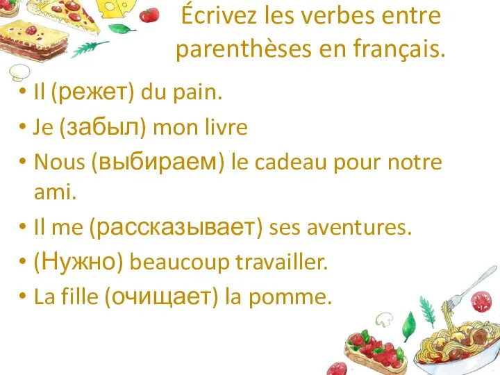 Écrivez les verbes entre parenthèses en français. Il (режет) du pain. Je