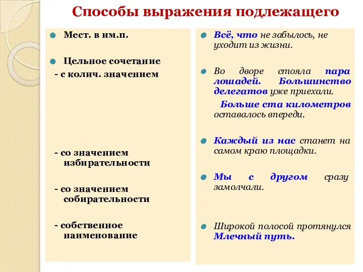 Способы выражения подлежащего Мест. в им.п. Цельное сочетание - с колич. значением