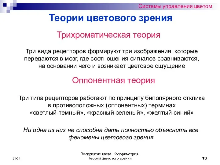 Восприятие цвета. Колориметрия. Теории цветового зрения ЛК 4 Системы управления цветом Теории