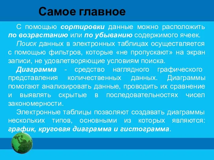 Самое главное С помощью сортировки данные можно расположить по возрастанию или по