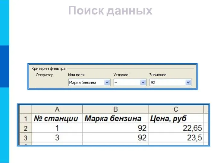 Поиск данных Поиск данных в электронных таблицах осуществляется с помощью фильтров, которые