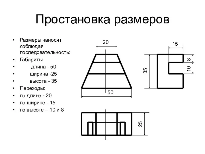 Простановка размеров Размеры наносят соблюдая последовательность: Габариты длина - 50 ширина -25