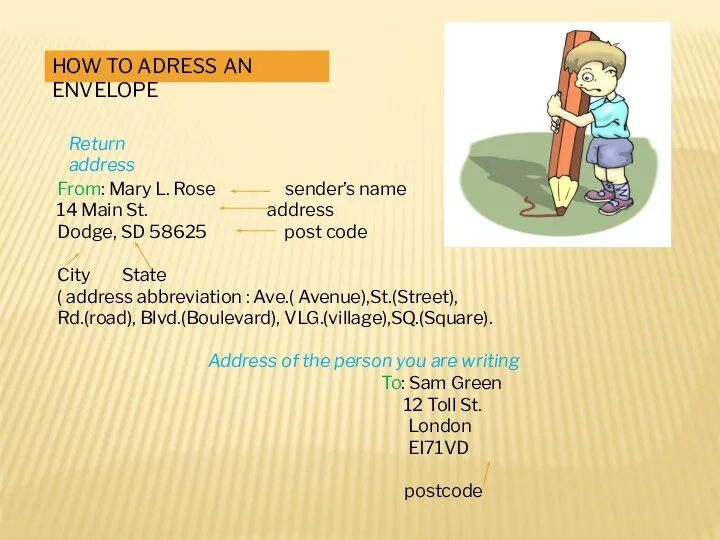 HOW TO ADRESS AN ENVELOPE Return address From: Mary L. Rose sender’s