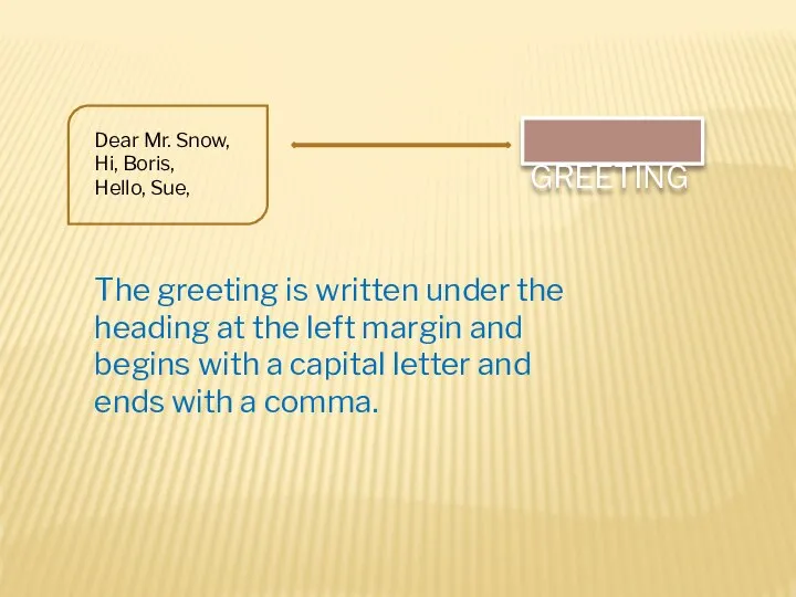 Dear Mr. Snow, Hi, Boris, Hello, Sue, The greeting is written under